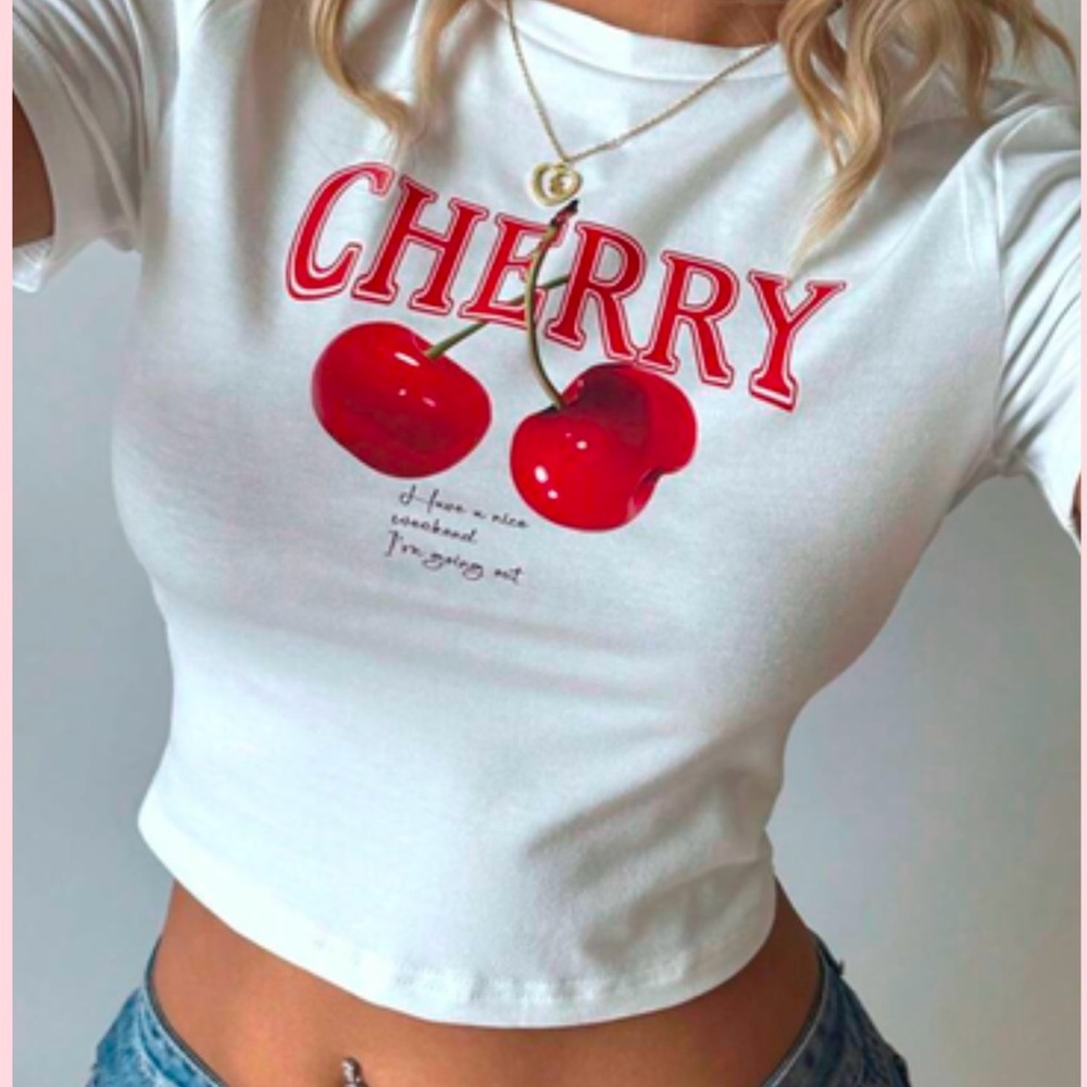 Cherry Graphic White Crop Top